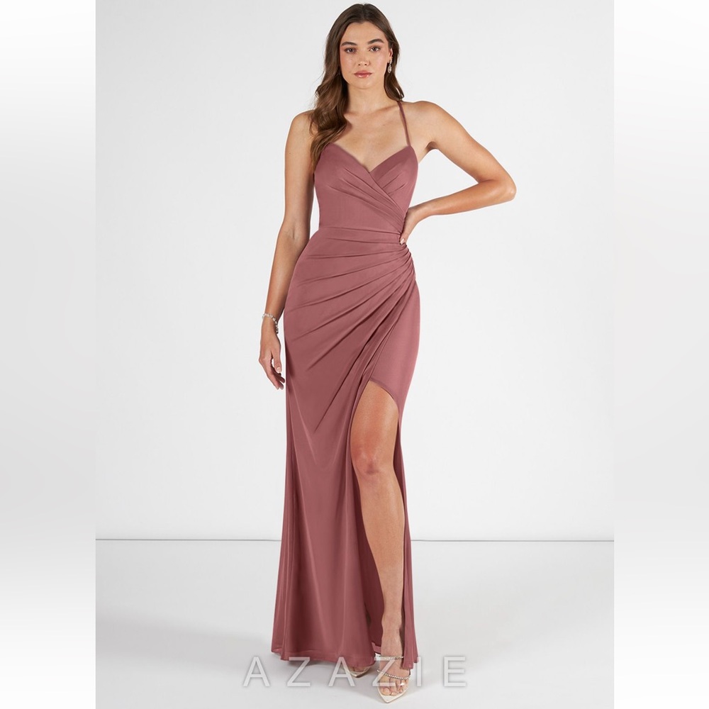 Azazie Kamali Mermaid Pleated mesh floor length dress Dessert Rose